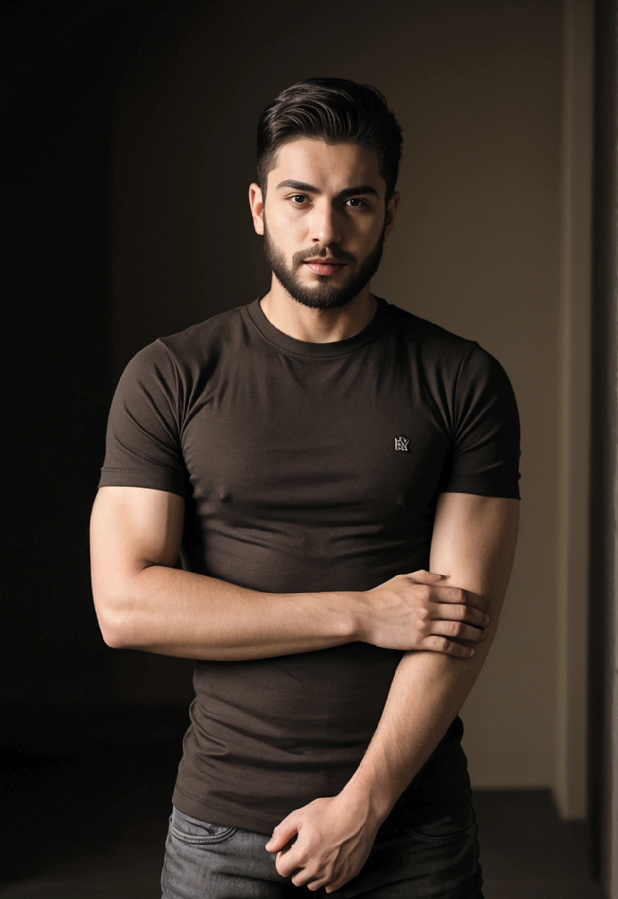 A young 25 year old man, bonitas, athletic body, wearing a black t-shirt tight to the body, super realistico, cinematic effect, short hair in military haircut style with deep brown hair, your hair is very short, he has a very light and low beard, background with dark environment, good lighting as if it were a scene from a movie, 8k, ultra realisitic, sharp.