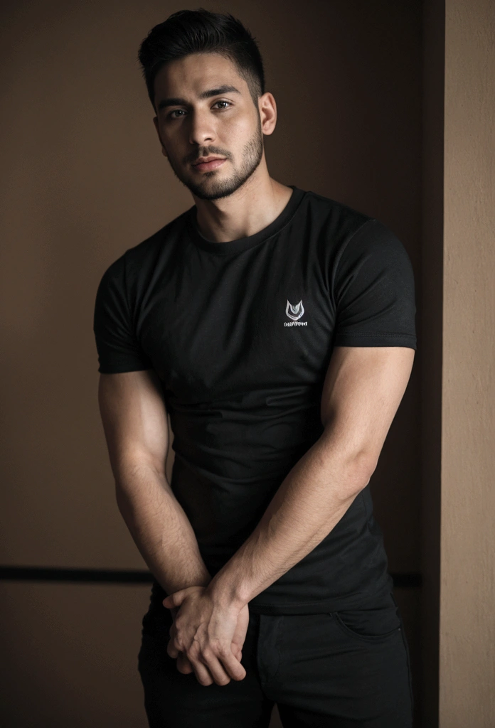 A young 25 year old man, bonitas, athletic body, wearing a black t-shirt tight to the body, super realistico, cinematic effect, short hair in military haircut style with deep brown hair, your hair is very short, he has a very light and low beard, background with dark environment, good lighting as if it were a scene from a movie, 8k, ultra realisitic, sharp.