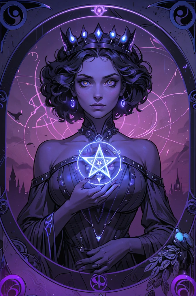 depicts a modern-day witch who has embraced the world of cybernetics to enhance her magical abilities. The artwork should convey the enchanting blend of traditional witchcraft and futuristic technology. Here are some specific elements to include: The Witch's Lair: The setting should be a cozy yet slightly eerie room, filled with magical books, crystal balls, potion ingredients, and antique furnishings. The room should be dimly lit by candles and a soft, mystical glow emanating from her cybernetic enhancements. The Cyborg Witch: The central focus of the artwork is the witch herself. She's a striking figure with a mix of traditional witch attire and cybernetic enhancements. Her clothing should have a witchy, occult aesthetic, with flowing robes, a pointed hat, and an intricate pentagram necklace. Her arms, however, have been upgraded with cybernetic components that incorporate magical symbols and glowing runes. Magical Interface: The witch is in the midst of casting a spell, with a holographic, touch-screen interface floating before her. This interface includes spell incantations, arcane symbols, and digital components, demonstrating her fusion of magic and technology. Spell Ingredients: On a nearby table, there should be a collection of spell ingredients, like herbs, potions, and magical artifacts. Some of these items may have been modified with cybernetic enhancements, blurring the line between the natural and the technological. Familiar: The witch's familiar, perhaps a cat or raven, should be present in the scene, serving as her magical companion. The familiar could also have subtle cybernetic enhancements or glowing eyes. Glowing Runes: The room should be adorned with ancient symbols and glowing runes on the walls and floor, contributing to the magical atmosphere. Aetherial Lighting: Use a combination of mystical, ethereal lighting and cybernetic glows to create a captivating interplay of light and shadow. The contrast between the tradit