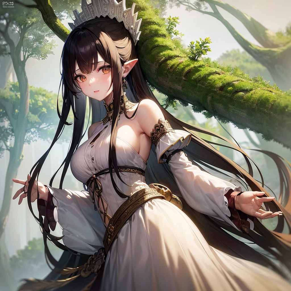 ((RAW Photos)), ((masterpiece)), (Tree Spirit,young woman in a dress,One person:1.3), (Figure up to the waist:1.2),Intricate details, View your viewers, beautiful, Fine eyes and lips,White background,Fantasy,Perfect Face, (1 girl,White background:1.3),Big shiny clear golden eyes,Long black hair tied up,Erotic perspective,shy,Fantasy,beautiful表情,Detailed facial expressions,Low exposure