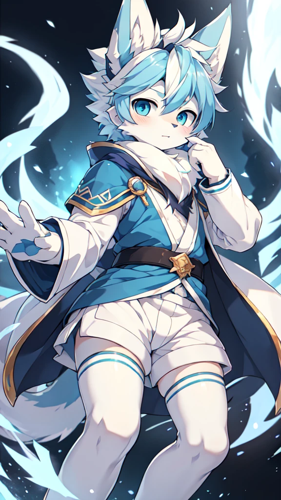 A fantasy character with blue hair, white hair, a blue dragon tail with fluffy white fur at the end, incredibly detailed and high-resolution anime-style art, masterpiece quality, 8K resolution, Konachan wallpaper, Pixiv competition winner, perfect anatomical structure, energetic 13-year-old boy, highly detailed hair, proportionate irises and pupils, blue eyes, blue ears, single character, light blue coat, white shorts, white thigh-high socks, white sneakers