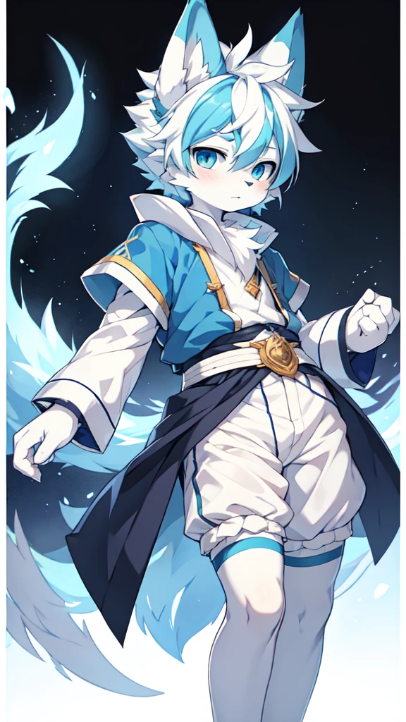 A fantasy character with blue hair, white hair, a blue dragon tail with fluffy white fur at the end, incredibly detailed and high-resolution anime-style art, masterpiece quality, 8K resolution, Konachan wallpaper, Pixiv competition winner, perfect anatomical structure, energetic 13-year-old boy, highly detailed hair, proportionate irises and pupils, blue eyes, blue ears, single character, light blue coat, white shorts, white thigh-high socks, white sneakers