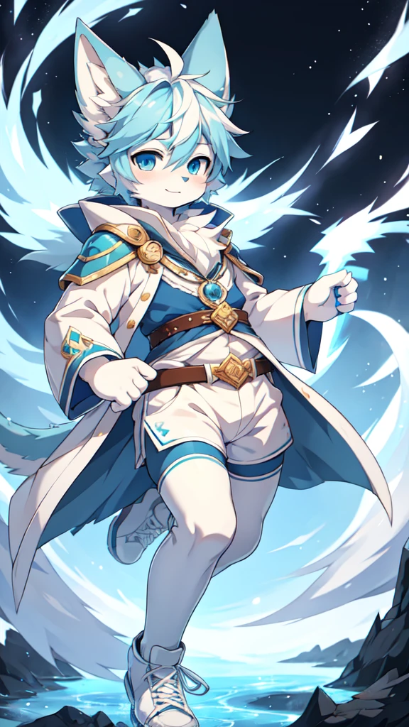A fantasy character with blue hair, white hair, a blue dragon tail with fluffy white fur at the end, incredibly detailed and high-resolution anime-style art, masterpiece quality, 8K resolution, Konachan wallpaper, Pixiv competition winner, perfect anatomical structure, energetic 13-year-old boy, highly detailed hair, proportionate irises and pupils, blue eyes, blue ears, single character, light blue coat, white shorts, white thigh-high socks, white sneakers