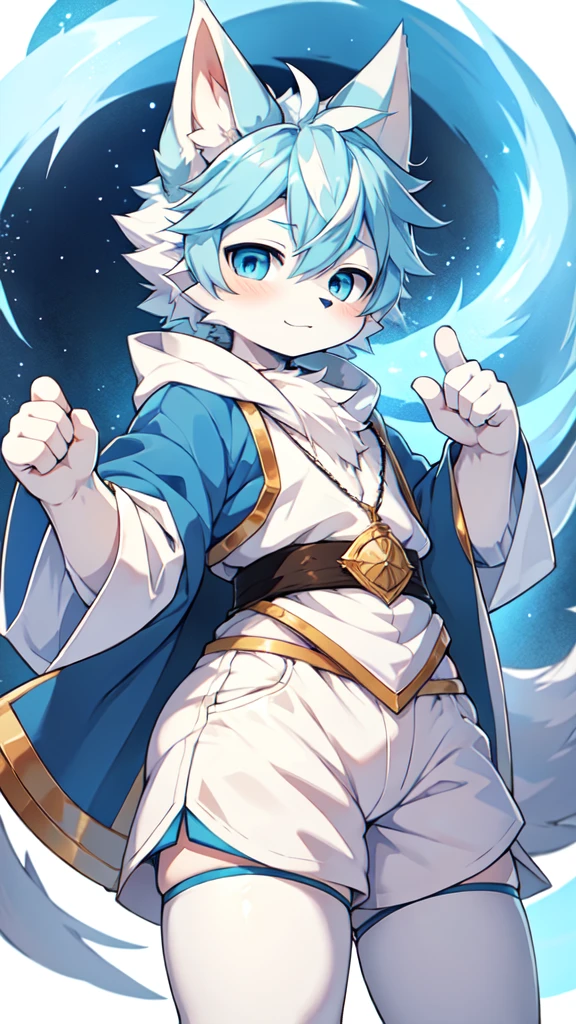 A fantasy character with blue hair, white hair, a blue dragon tail with fluffy white fur at the end, incredibly detailed and high-resolution anime-style art, masterpiece quality, 8K resolution, Konachan wallpaper, Pixiv competition winner, perfect anatomical structure, energetic 13-year-old boy, highly detailed hair, proportionate irises and pupils, blue eyes, blue ears, single character, light blue coat, white shorts, white thigh-high socks, white sneakers