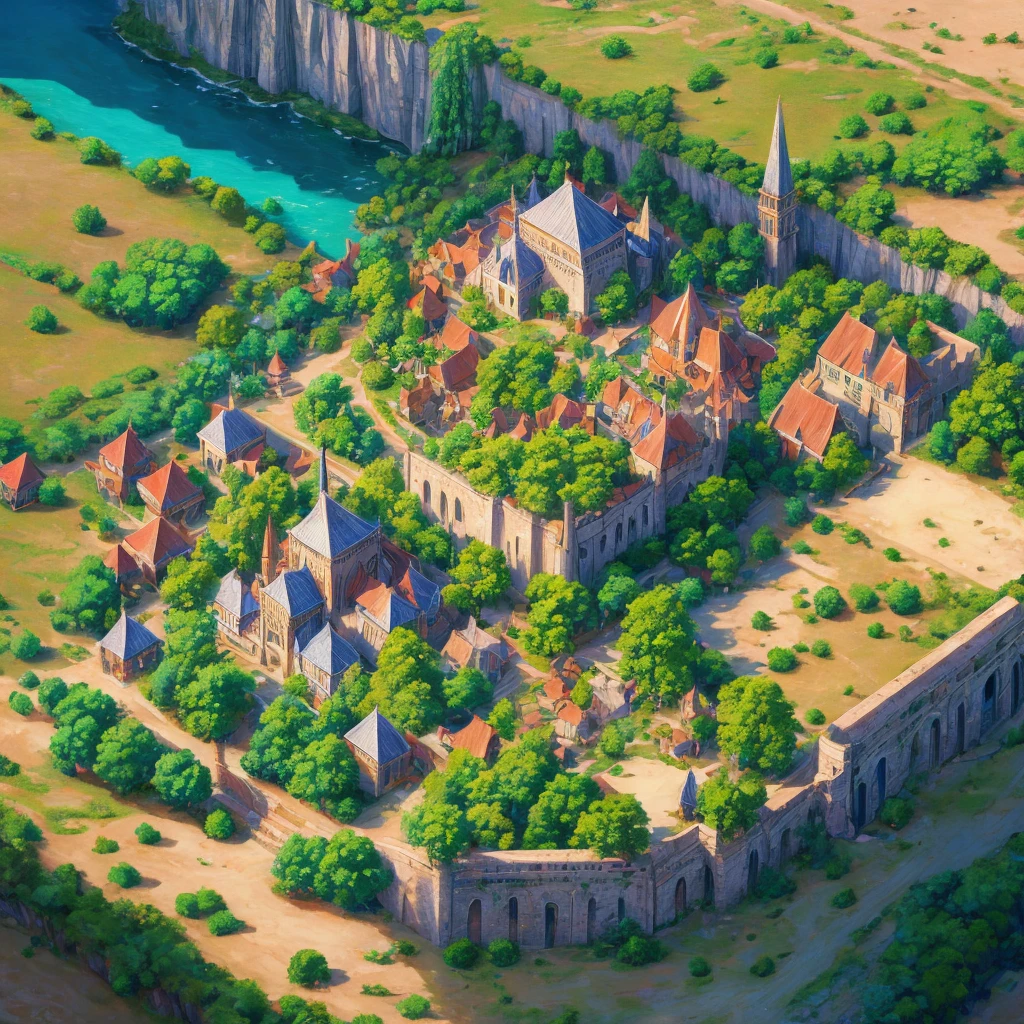 (anime coloring:1.2),	otherworldly,	high res,	best quality,	from above,	ultra-detailed,	Fantasy,	Ancient Village,Motte-and-bailey