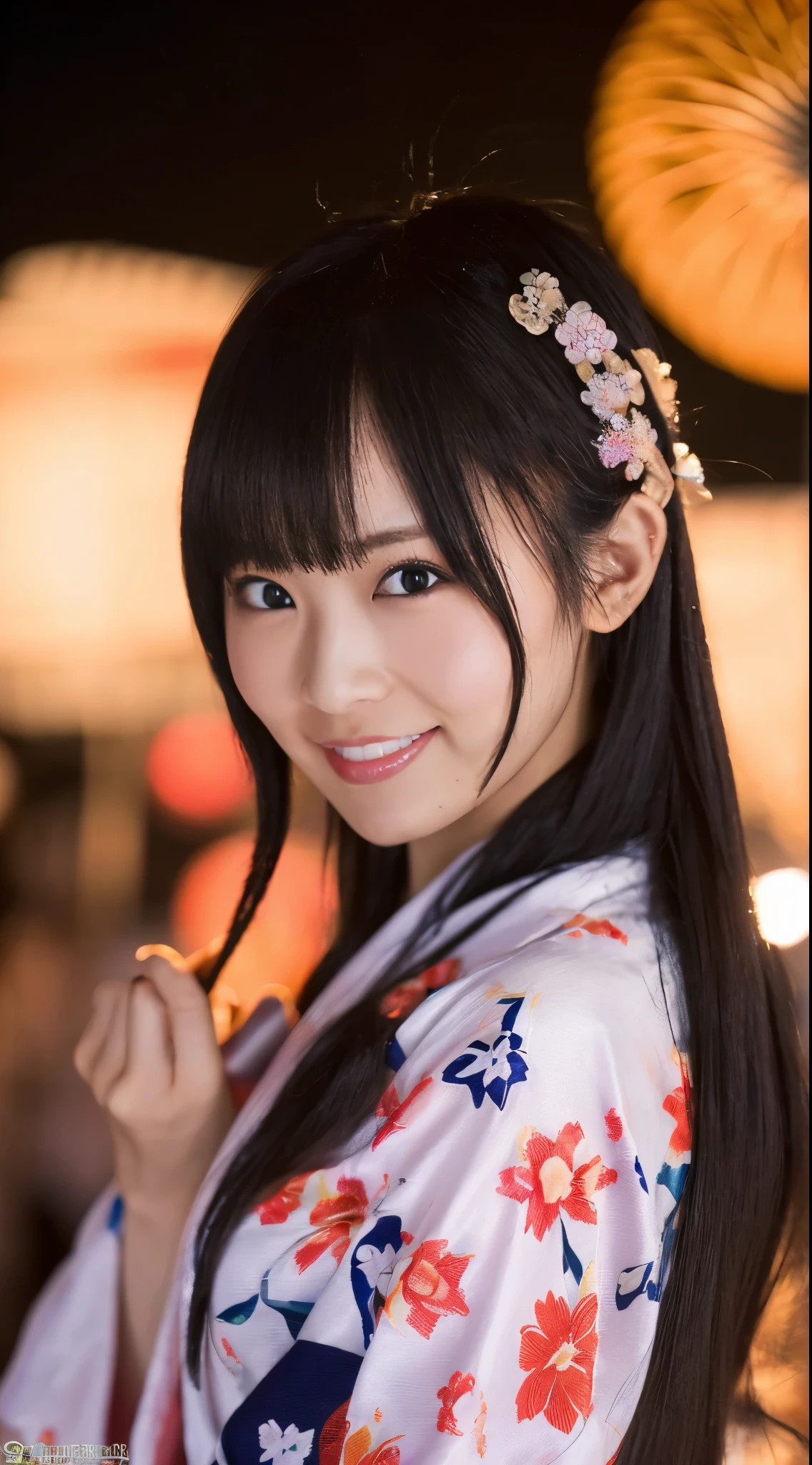 ((Masterpiece，Highest quality，Highest quality，8k，16K，Ultra-high resolution，Extremely detailed，Hyper Quality))，Japanese，Yamato Nadeshiko，Japanese Beauty，Female college student，clear，pure，Cute Girls，Large Breasts(G Cup)，yukata，Summer festival，firework，night，(Summer festivalのnight女の子がyukataしっかりと着こなしfireworkをバックに楽しそうに佇んでいる様子)