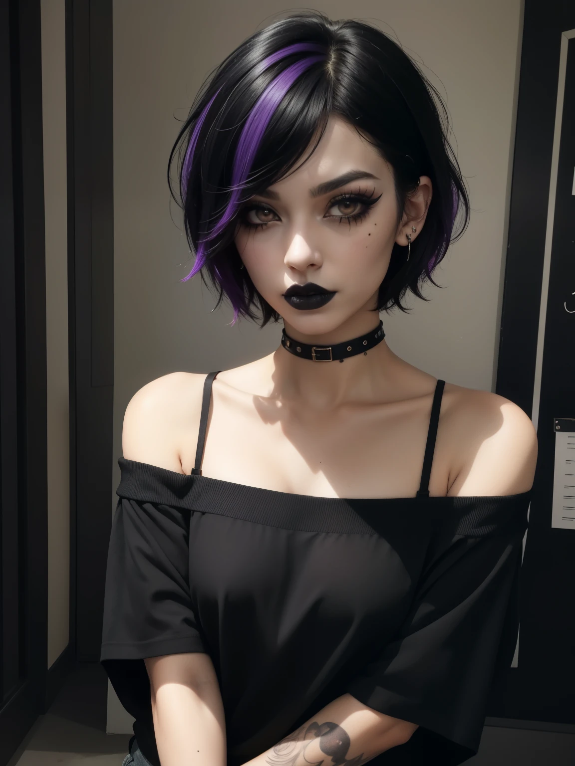 score_9, score_8_up, score_7_up, score_6_up, score_5_up, score_4_up, 1girl, emo, scene hair, emo hair, short hair, black hair purple highlights, black shirt, off the shoulder, black lips, black lipstick, indoors, goth, goth makeup, eyeliner, mascara