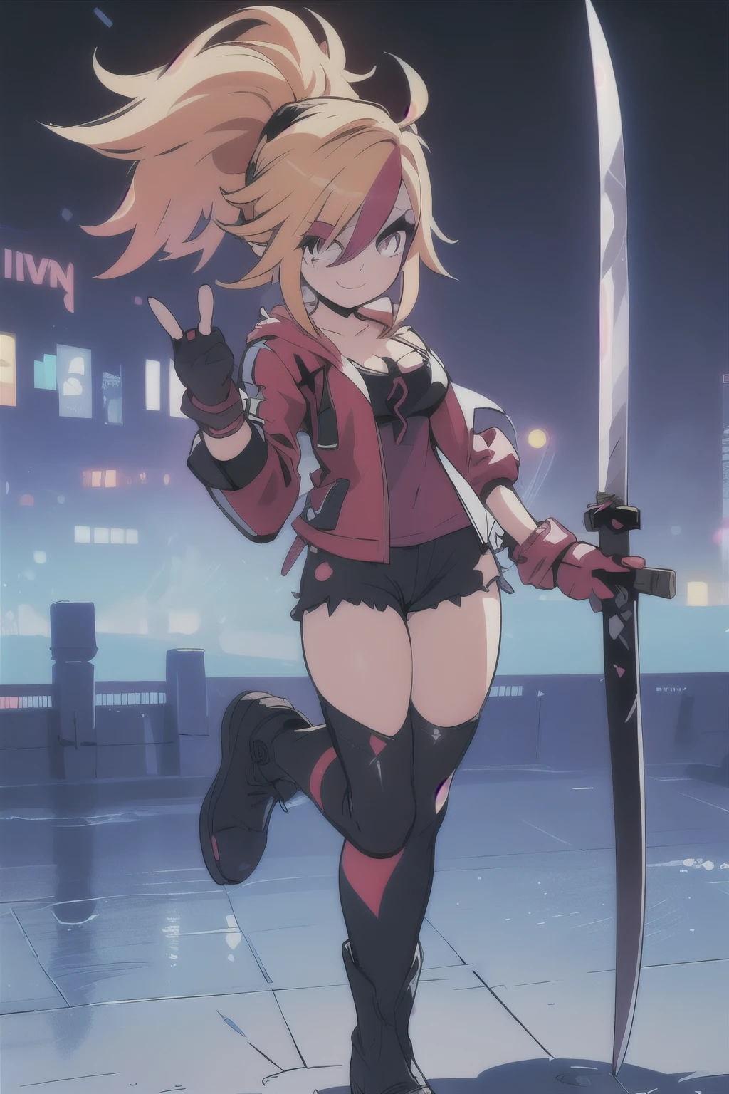 (best quality:HD, Colorful, 3D, 3d render , cartoon, 1.2),solo,1girl,mdrin,smile,looking at viewer,lovely pose, ponytail,v-shaped eyebrows,red jacket, ultra detailed face, cleavage , fingerless gloves,black shorts , rooftop, night sky, dark night,background, colorful tones, Hair over one eye, ultra long hair, standing on hooftop, long boots, long ponytail, blonde, holding a perfect katana sword,