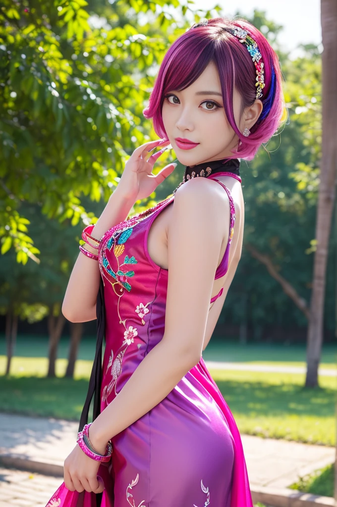 (masterpiece:1.4), (best quality:1.4), ultra high res, ultra high resolution, ((detailed facial features)), HDR, (realistic, photorealistic, photo-realistic:1.37), full body Esbian, y swedish model, (-anime), only 1 model, vivid colors, ((vivid colors multicolor (fuchsia, pink, light purple) very short hair)), beautiful smile, lip-gloss, long lashes, defined eyebrows, wearing large sparkling colorful jewelery, wearing a red silk Paradise Kiss cosplay dress with black floral embroidery, ((vivid colors outfit)), vivid colors, look at the camera, cinematic light, large park background with trees, sweet and sexose