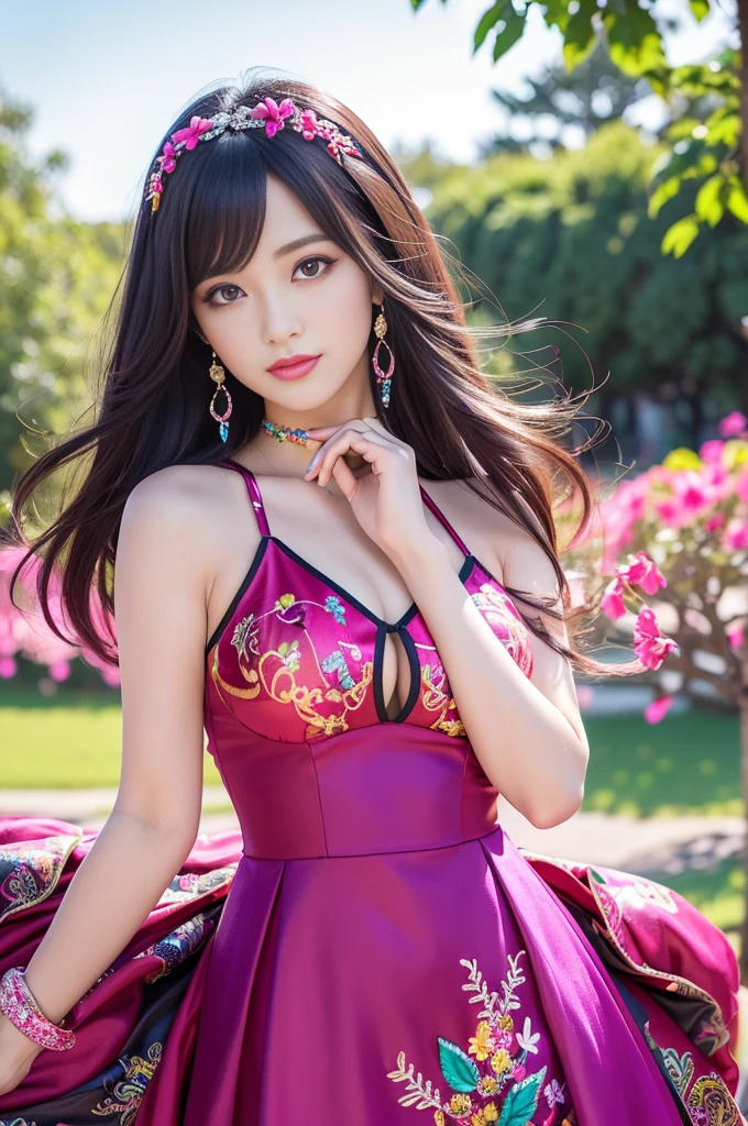 (masterpiece:1.4), (best quality:1.4), ultra high res, ultra high resolution, ((detailed facial features)), HDR, (realistic, photorealistic, photo-realistic:1.37), full body Esbian, sexy swedish model, (-anime), only 1 model, vivid colors, ((vivid colors multicolor (fuchsia, pink, light purple) very short hair)), beautiful smile, lip-gloss, long lashes, defined eyebrows, wearing large sparkling colorful jewelery, wearing a red silk Paradise Kiss cosplay dress with black floral embroidery, ((vivid colors outfit)), vivid colors, look at the camera, cinematic light, large park background with trees, sweet and sexy pose