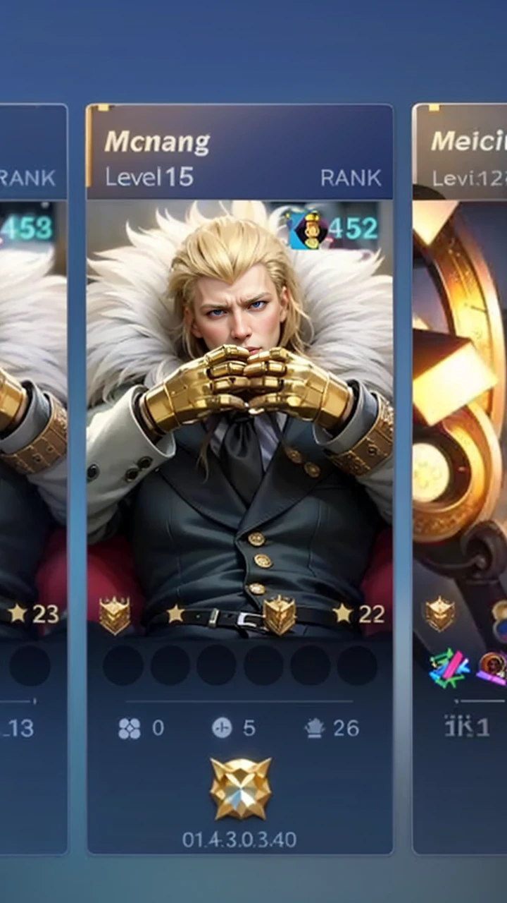 masculine male, masterpiece, ((perfect eyes)) best quality, (semirealism:1.9), beautiful lighting, (extremely detailed CG unity 4k fhd wallpaper), High Detail, Sharp focus, dramatic outdoors, The image shows a character from a video game, a blonde man wearing a suit and tie, with a gold necklace and a sword, sitting on a red couch, with a gold and purple background.