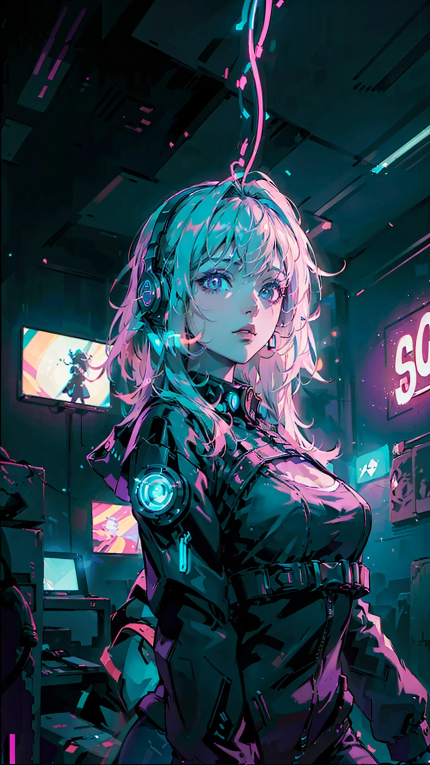 ((Highest quality)), ((masterpiece)), (Very detailed: 1.3), Dark Room, Beautiful Cyberpunk Woman, Wear headphones, Dynamic configuration, Blue neon lights from the ceiling, Purple neon cord on the wall, Cinematic Shadows