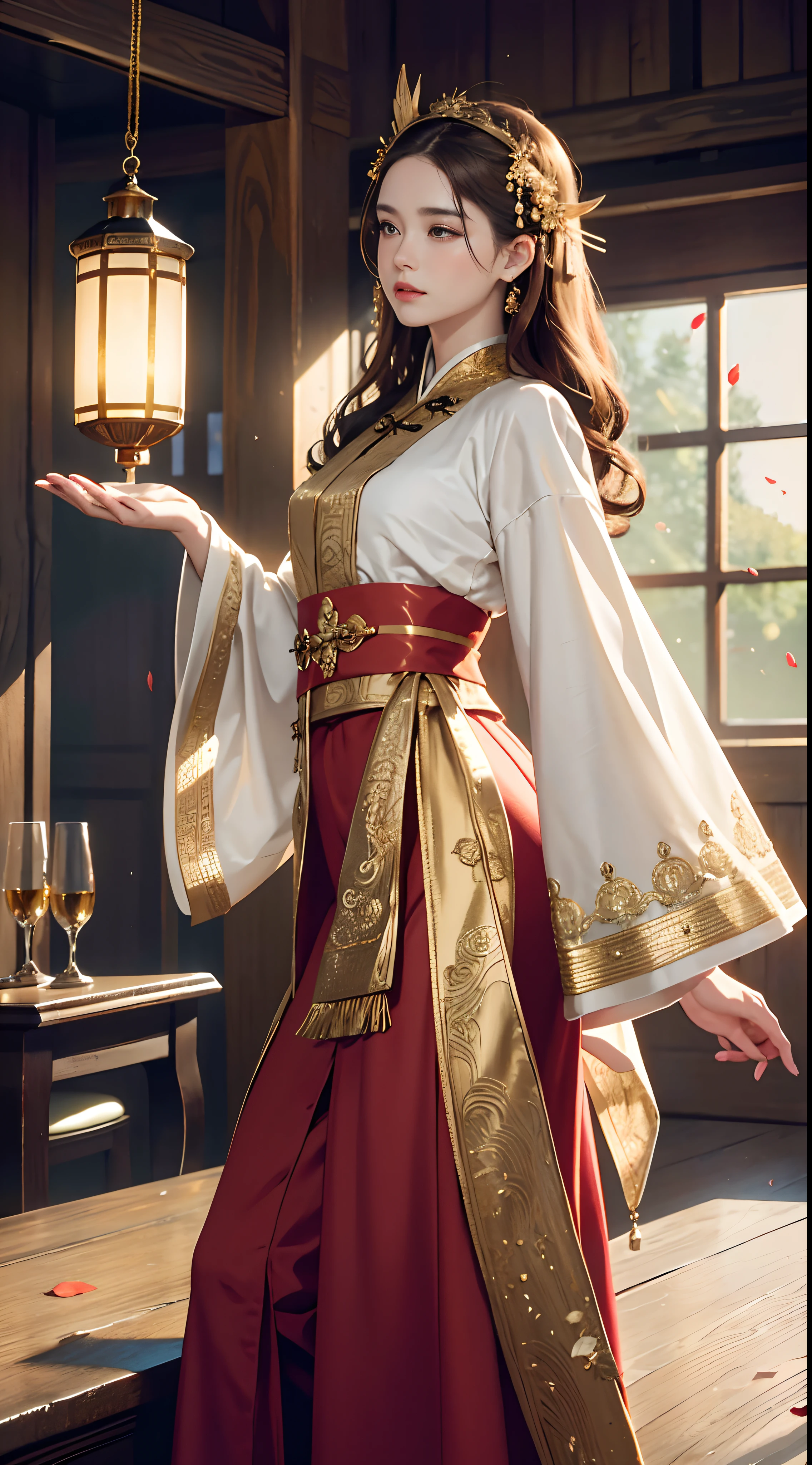 best quality, masterpiece, mackerel, (Exquisite Body:1.5),gorgeous face,(Milky skin:1.3),intricate details,high resolution,wallpaper,
1 woman, alone, dress, headdress, (((gold and red dress))), flowers, long hair, brown hair, closed mouth, bijouterie, long sleeves, hand up, wide sleeves, big eyes,floating hair, chinese clothes, Hanfu, embroidery, long skirt, Natural Pose, falling petals, inside,fanning, candela,
16,000,HDR,mackerel,depth of field,(film grain:1.1),the book,golden hour,(lens flare),illustration,rainbow color,(color grading:1.5)