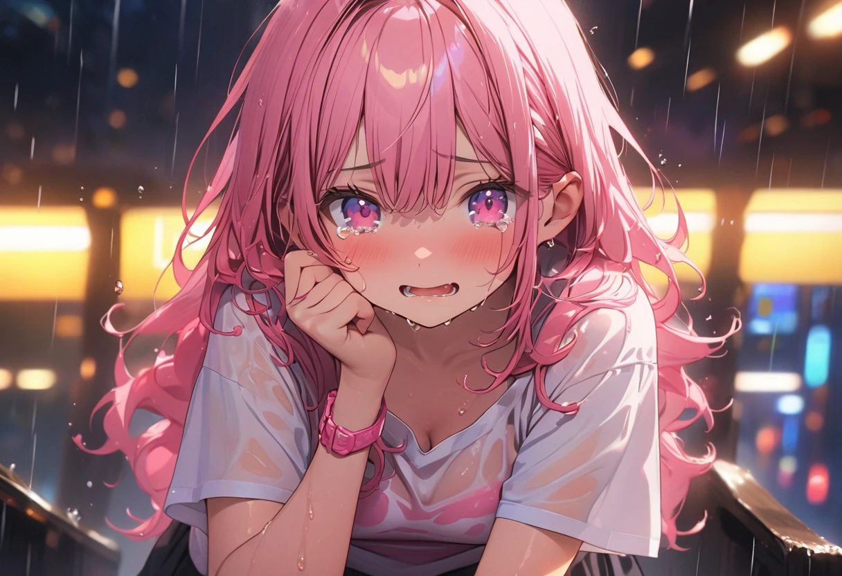 (Best quality, 8k, 32k, Masterpiece, UHD,:1.2),RAW, 1girl,ultra cute , natural lighting,transparent shining eyes, 20yo ,fair complexion, T-shirts, wet, see- through, rainy, mini skirt, embarrassed, From front, show off bra under T-shirts, wet hair, crying