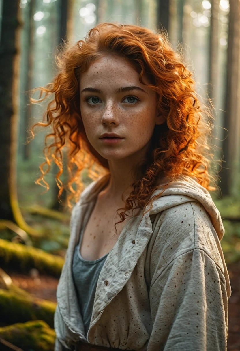 rmx, full body, beautiful girl, similar eyes like a fox, physical rendering photo of an 21 year old girl, curls, freckles, outdoor clothes, inside a forest background, light on face, dream, magical atmosphere, cinematic lighting, embers, fantasy, action pose, mist, CRU photo, 8k uhd, film grain