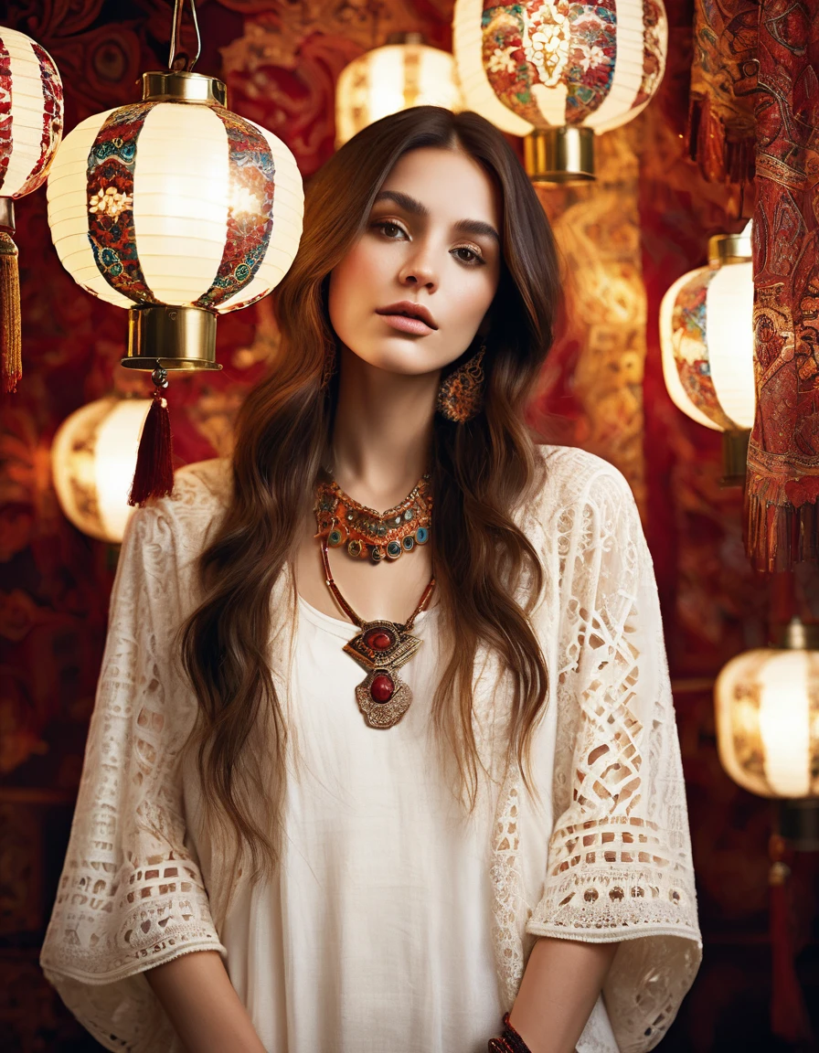 A bohemian-inspired fashion scene featuring a woman wearing a white lace tunic with intricate patterns. with her long brown shininy hair,She stands against a backdrop of rich, deep red and gold tapestry, with an array of colorful and exotic jewelry adorning her neck and wrists. The scene is illuminated by the soft light of hanging lanterns, creating a warm and inviting atmosphere.