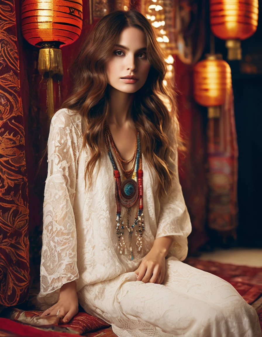 A bohemian-inspired fashion scene featuring a woman wearing a white lace tunic with intricate patterns. with her long brown shininy hair,She stands against a backdrop of rich, deep red and gold tapestry, with an array of colorful and exotic jewelry adorning her neck and wrists. The scene is illuminated by the soft light of hanging lanterns, creating a warm and inviting atmosphere.

