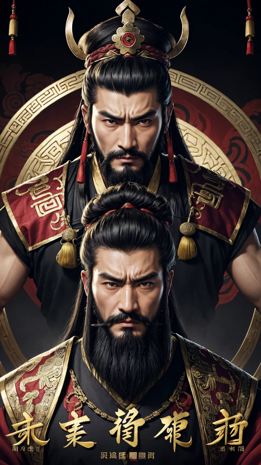 oriental、man in ancient chinese clothes、ancient chinese hairstyle man、three kingdom、multiple warlords、highest quality、masterpiece、ultra high resolution、(realistic:1.4)、game poster、Clear and beautiful image quality、Black clothes、long beard、Embroidered cloth wrapped in a topknot、no background、angry face, Chen Jianbin, Cao Cao (Mengde)