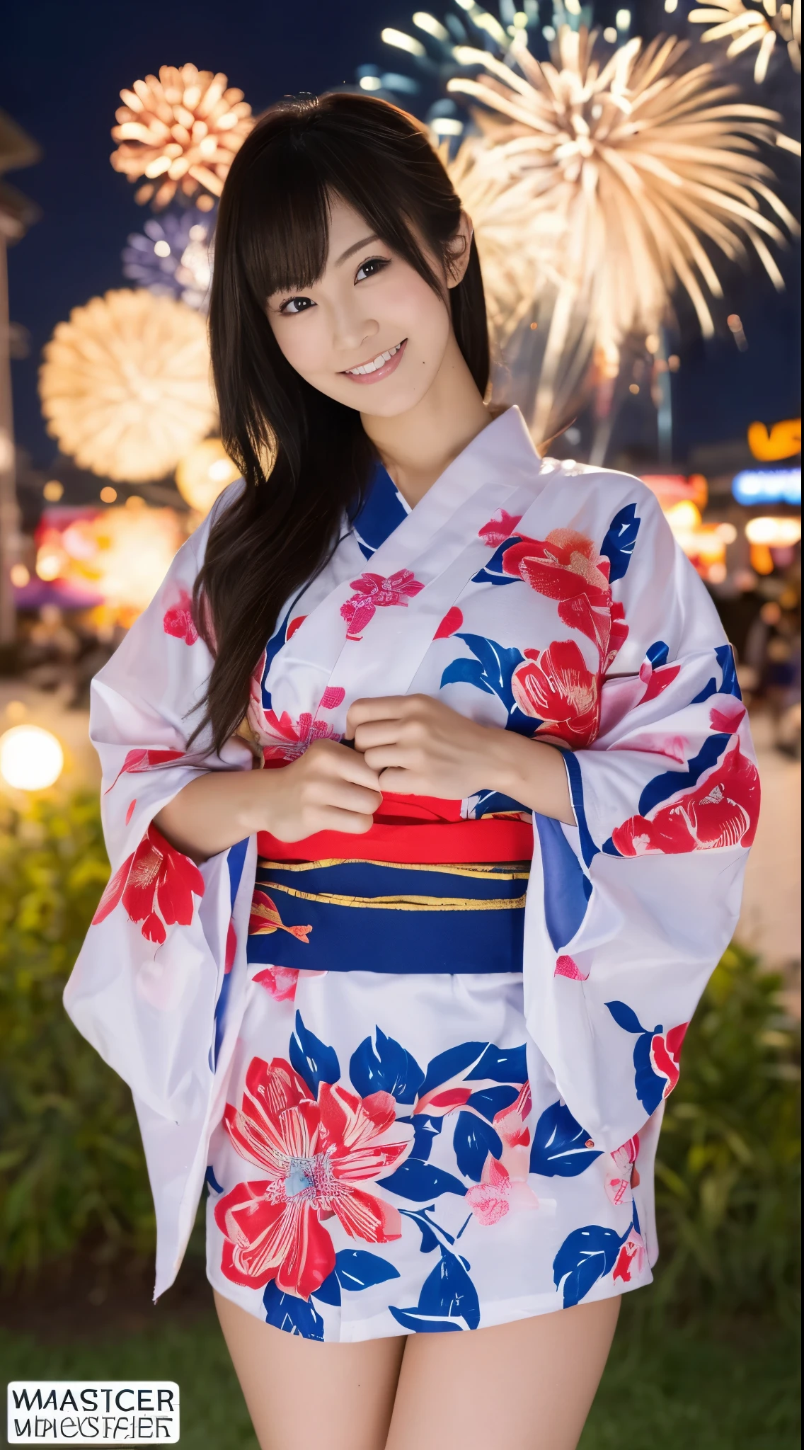 ((Masterpiece,Highest quality,Highest quality,8k,16K,Ultra-high resolution,Extremely detailed,Hyper Quality)),Japanese,Yamato Nadeshiko,Female college student,Beauty,clear,pure,Cute Girls,Large Breasts(G Cup),yukata,Summer festival,firework,night,(Summer festivalのnightに女の子がyukataをしっかりと着こなしfireworkをバックに楽しそうに佇んでいる様子)