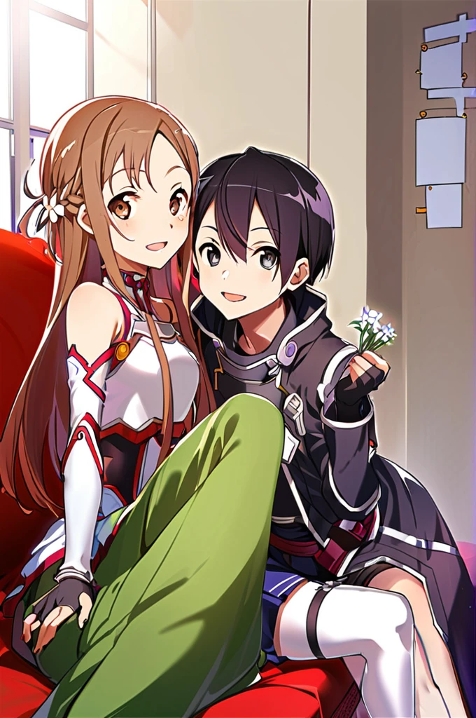 1girl, kirito, asuna (sao), breastplate, 1boy, black hair, long hair, crop top cyborg armor, back-to-back, thighhighs, brown hair, flower, skirt, brown eyes, white crop top cyborg armor, sitting, black eyes, holding, smile, detached sleeves, gloves, fingerless gloves, looking at viewer, open mouth, bare shoulders, hair ornament, short hair, white thighhighs, white flower, long sleeves, hair flower, :d, miniskirt, holding flower, 