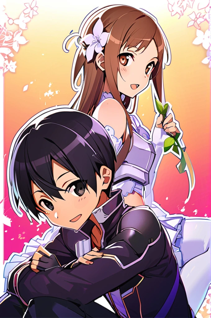 1girl, kirito, asuna (sao), breastplate, 1boy, black hair, long hair, crop top cyborg armor, back-to-back, thighhighs, brown hair, flower, skirt, brown eyes, white crop top cyborg armor, sitting, black eyes, holding, smile, detached sleeves, gloves, fingerless gloves, looking at viewer, open mouth, bare shoulders, hair ornament, short hair, white thighhighs, white flower, long sleeves, hair flower, :d, miniskirt, holding flower,