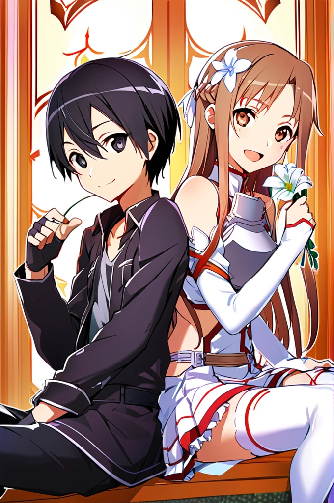 1girl, kirito, asuna (sao), breastplate, 1boy, black hair, long hair, crop top cyborg armor, back-to-back, thighhighs, brown hair, flower, skirt, brown eyes, white crop top cyborg armor, sitting, black eyes, holding, smile, detached sleeves, gloves, fingerless gloves, looking at viewer, open mouth, bare shoulders, hair ornament, short hair, white thighhighs, white flower, long sleeves, hair flower, :d, miniskirt, holding flower,