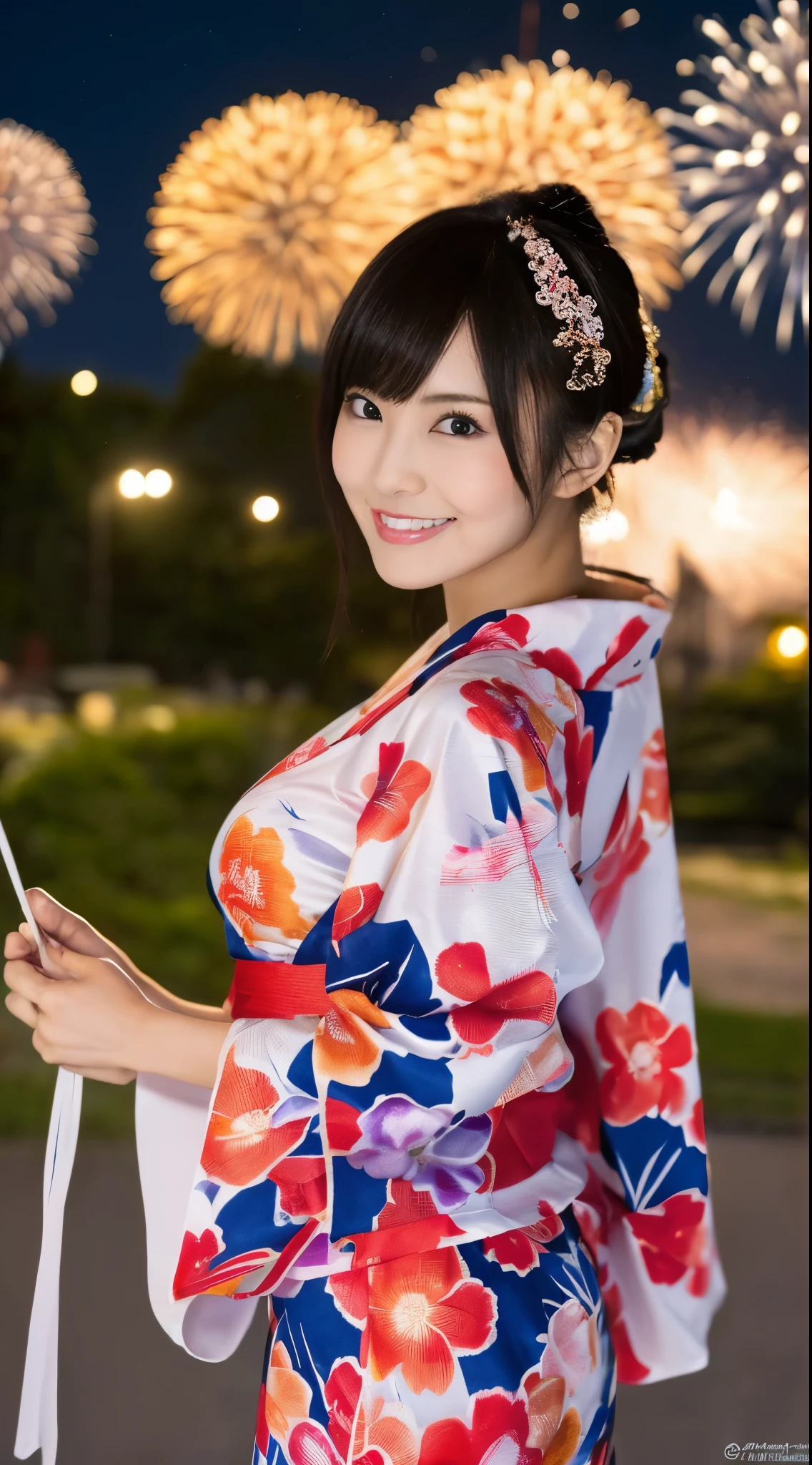 ((Masterpiece,Highest quality,Highest quality,8k,16K,Ultra-high resolution,Extremely detailed,Hyper Quality)),Japanese,Yamato Nadeshiko,Female college student,Beauty,clear,pure,Cute Girls,Large Breasts(G Cup),yukata,Summer festival,firework,night,(Summer festivalのnightに女の子がyukataをしっかりと着こなしfireworkをバックに楽しそうに佇んでいる様子)