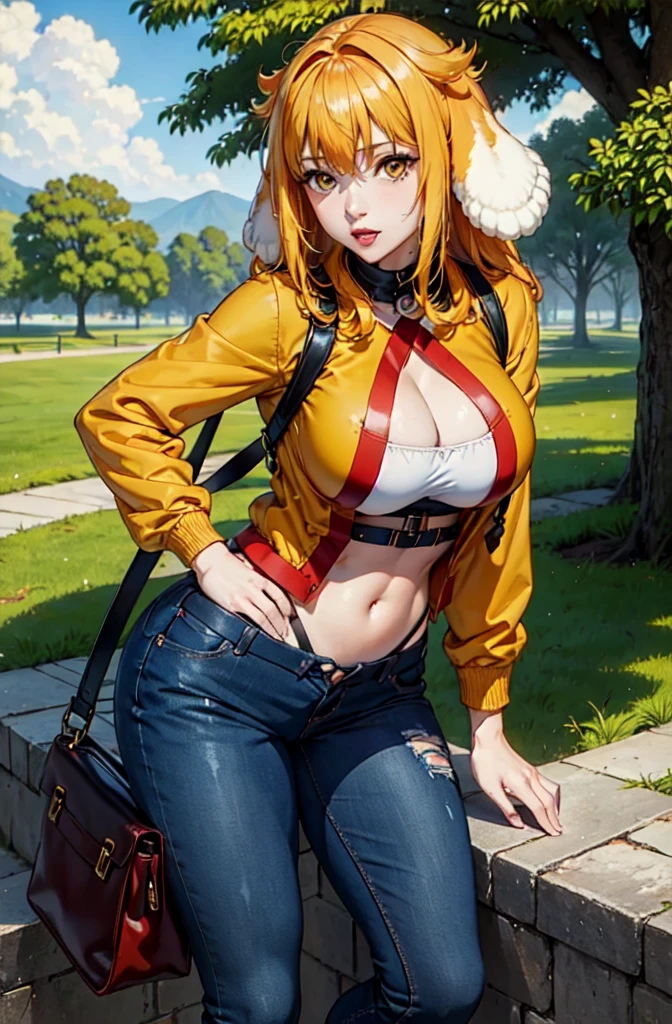 (Masterpiece, Best Quality, High Quality:1.4) professional artwork, well drawn, intricate details, field of view, Roxanne, race background, afternoon, dog ears (lipstick:0.7) makeup, ultra detail hair, ultra detail face, perfect eyes, perfect face, yellow eyes, looking at viewer, flirting, one hand on hip, tight green jeans, crop jacket, tight sweater, sandals [[bag on one side]]