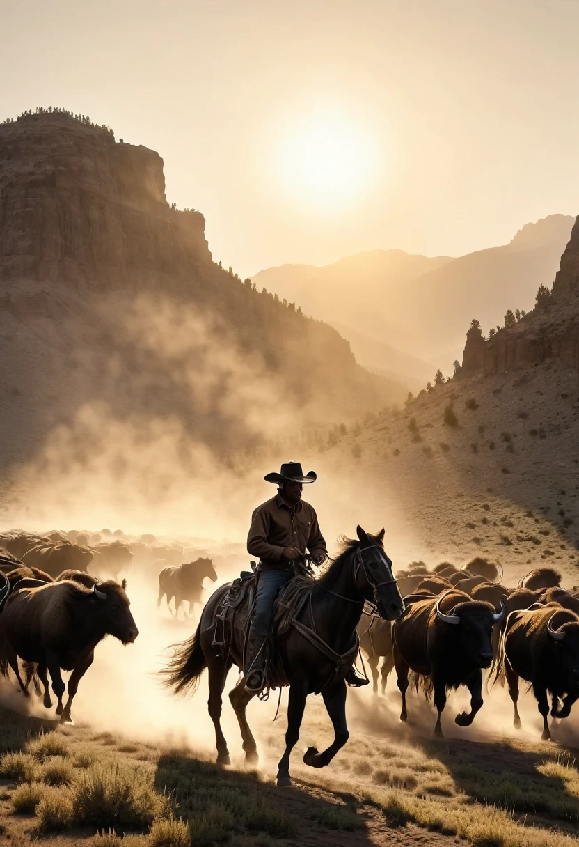 (masterpiece, best quality, super detailed, wide shot), silhouette, (Western cowboy on horseback), He chases a large herd of buffalo from behind toward the viewer, covered wagon together, In the wilderness of western North America in the 19th century, With the setting sun in the background, Dynamic Motion Blur, Cinema Lighting, Dynamic action scenes