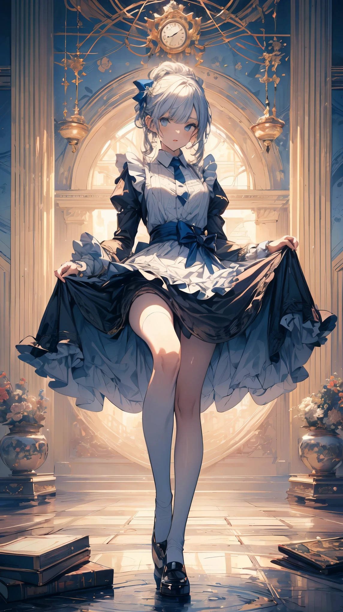 (high quality, mystery, Beautiful and generous, Ideal body proportions, Impressionism), (Ultra-high resolution, 8K Original Photo, Photorealism, Natural Lighting, Textile Shading), (1. A:1.3, Solitary:1.5, :1.1), (Fractal Pattern Art:1.2), Smooth skin, Tile pattern, ((Alice in Wonderland:1.2, Girl floating in the air:1.5, Smile with half-closed eyes)), ((Flying cards, trump card, Floating teacups, Floating teapot, Pocket Watch:1.3, Large mirror, Lipstick)), Cute anime white rabbit, ((Dark blue dress :1.5, mini skirt, White apron, White socks)), (Platinum gold, Tie your hair with a ribbon), (blue eyes, Bright students and highlights, Delicate eyes), (Supine:1.2, Lean Back:1.2, Leg lift:1.3), ((Hook of Holland:1.5, whole body:1.3, From below)), Different tone wallpaper, Color images, Simple background, excellent, fantasy:1.5, ((Correct anatomy:1.5, The right hand))