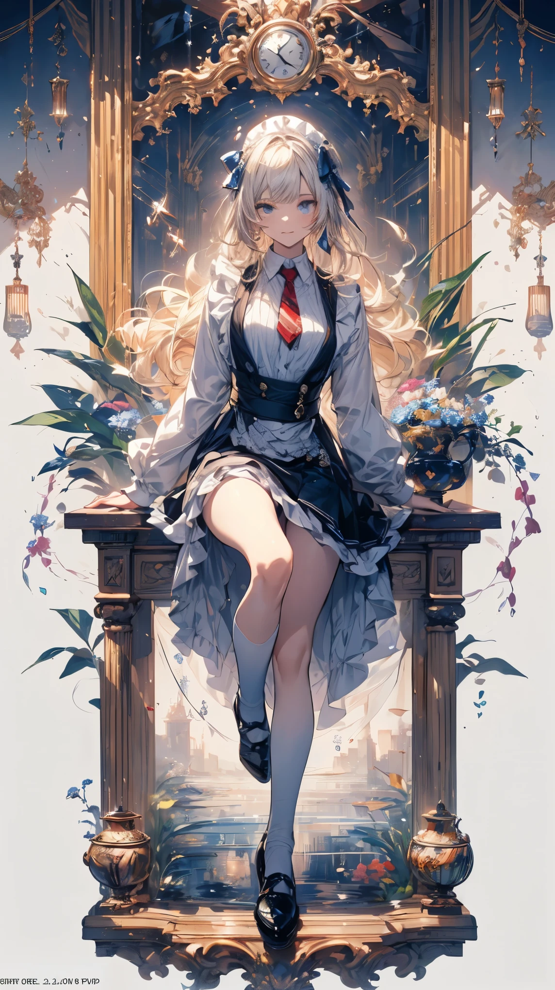 (high quality, mystery, Beautiful and generous, Ideal body proportions, Impressionism), (Ultra-high resolution, 8K Original Photo, Photorealism, Natural Lighting, Textile Shading), (1. A:1.3, Solitary:1.5, :1.1), (Fractal Pattern Art:1.2), Smooth skin, Tile pattern, ((Alice in Wonderland:1.2, Girl floating in the air:1.5, Smile with half-closed eyes)), ((Flying cards, trump card, Floating teacups, Floating teapot, Pocket Watch:1.3, Large mirror, Lipstick)), Cute anime white rabbit, ((Dark blue dress :1.5, mini skirt, White apron, White socks)), (Platinum gold, Tie your hair with a ribbon), (blue eyes, Bright students and highlights, Delicate eyes), (Supine:1.2, Lean Back:1.2, Leg lift:1.3), ((Hook of Holland:1.5, whole body:1.3, From below)), Different tone wallpaper, Color images, Simple background, excellent, fantasy:1.5, ((Correct anatomy:1.5, The right hand))