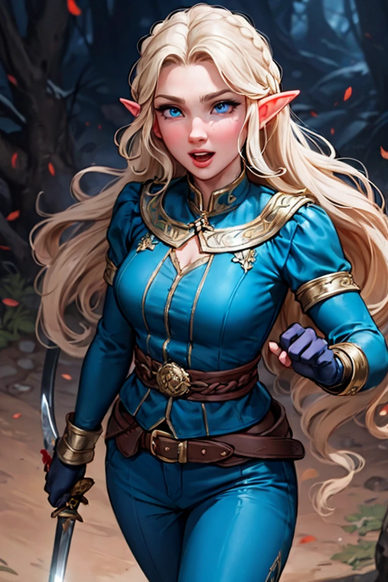 Woman, long wavy hair, braid, blue eyes, elf, sexy, happy, wearing pants, fighting position, sword