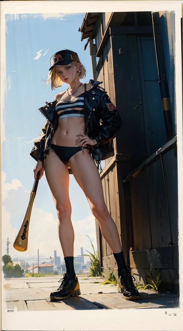 tank girl character, military helmet, piercings, shotgun, in a tank, (art inspired by Skottie Young and Bill Sienkiewicz). oil painting) (ordinary or ordinary face), high-definition quality, details beyond imagination, vivid chromaticity, natural light and shadow, bursting appearance, vivid and lively, displayed from multiple angles, showing real texture, blurring the background, focusing on the subject, creating a vivid and natural feeling. ((top-quality、8K、32K、​masterpiece、nffsw:1.3)), (superfine illustration)、(超A high resolution), (((adult body))), (((1girl in))), ((( Bob Shorthair ))), 25-year-old cyberpunk gladiator with a perfect body, Shoulder pads with metal spines, Gladiadores in Brooklyn, (( Bob Shorthair )), Small leather panties, Torn rugby team shirt, Almost naked in Simon Bisley's urban savage style, short blond hair, Minimum clothing, Metal protection on the left arm with complex graphics, Dark red with white stars and blue and white stripes, s Armor, Full of tips and rivets, Poison tattoo (((Image from the knee up))), short white blonde hair, In the background、 There is a wall with an intricate design painted by Shepard Fairey   Capitan Harlock in the perfect centre of one of the Uefa 2024 stadiums a sexy girl, ((holding a baseball bat on his shoulder)), in a leather jacket, looks directly at the viewer, A bold look, Simple background, Fewer details,
