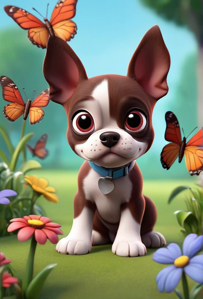 Adorable small red boston Terrior puppy playing at park butterflies and flowers in background 3D Pixar style