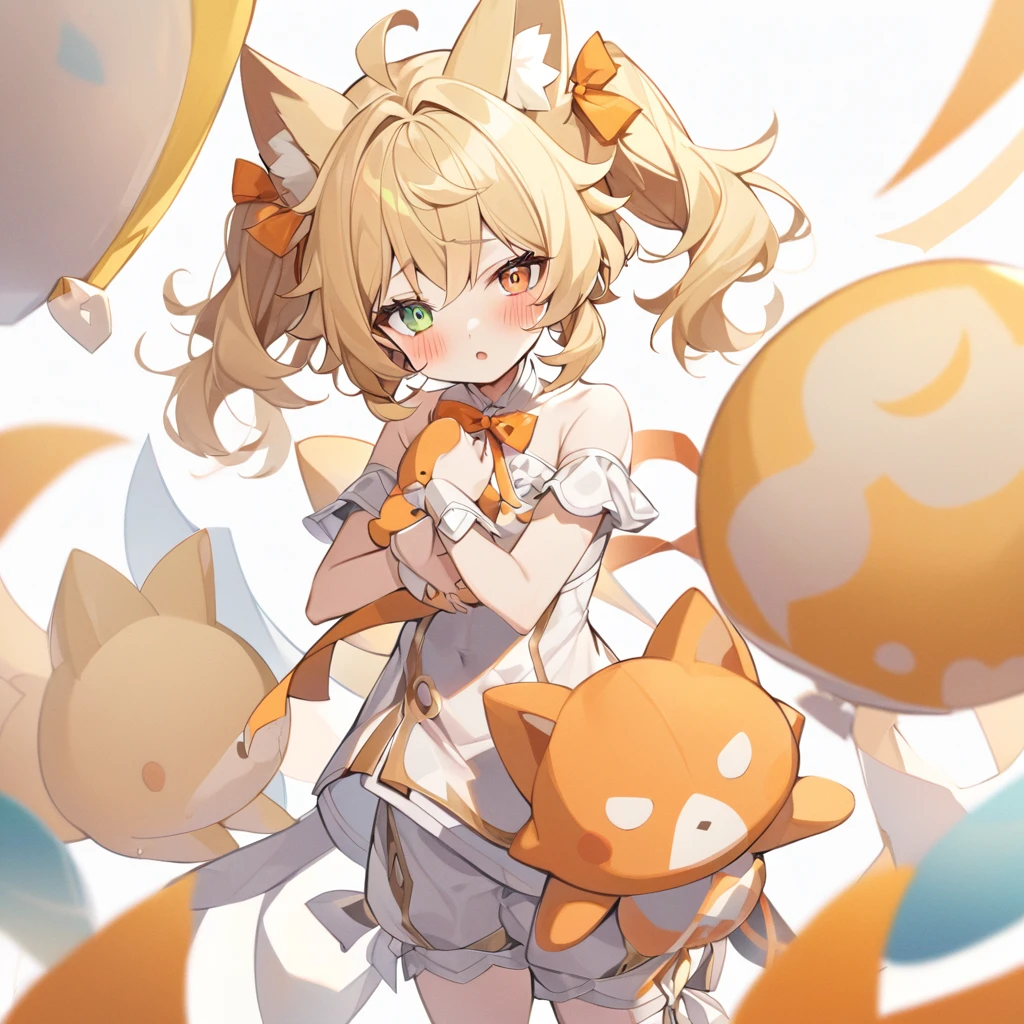 Fox Girl,One girl, Animal ears, bangs, Exposing shoulders, Blonde, blush, bow, chest, 白いchestの谷間, The body was cut off, , Green Eyes, hair ribbon, Heterochromia iridis, Holding, Holding stuffed toy, View your viewers, Open your mouth, orange bow, Orange eyes, orange ribbon, ribbon, alone, Stuffed Animals, , , Twin tails, Upper Body, full length, White leg bands, white shoes with race and white bows, White Background, Wrist cuff, Yellow Eyes, Bloomers, close, White skin frills, race, abdomen, skirt, alone, , White Background,Shorts, white top with ribbon and race and pants,pants, Genshin Impact,white slippers with a bow,All clothes are white, raceAt full height, standing