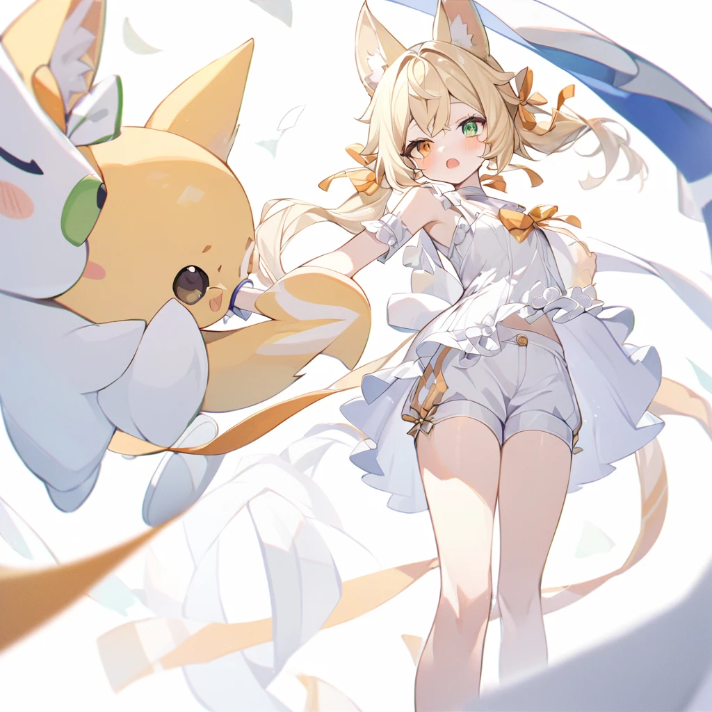 Fox Girl,One girl, Animal ears, bangs, Exposing shoulders, Blonde, blush, bow, chest, 白いchestの谷間, The body was cut off, , Green Eyes, hair ribbon, Heterochromia iridis, Holding, Holding stuffed toy, View your viewers, Open your mouth, orange bow, Orange eyes, orange ribbon, ribbon, alone, Stuffed Animals, , , Twin tails, Upper Body, full length, White leg bands, white shoes with race and white bows, White Background, Wrist cuff, Yellow Eyes, Bloomers, close, White skin frills, race, abdomen, skirt, alone, , White Background,Shorts, white top with ribbon and race and pants,pants, Genshin Impact,white slippers with a bow,All clothes are white, raceAt full height, standing
