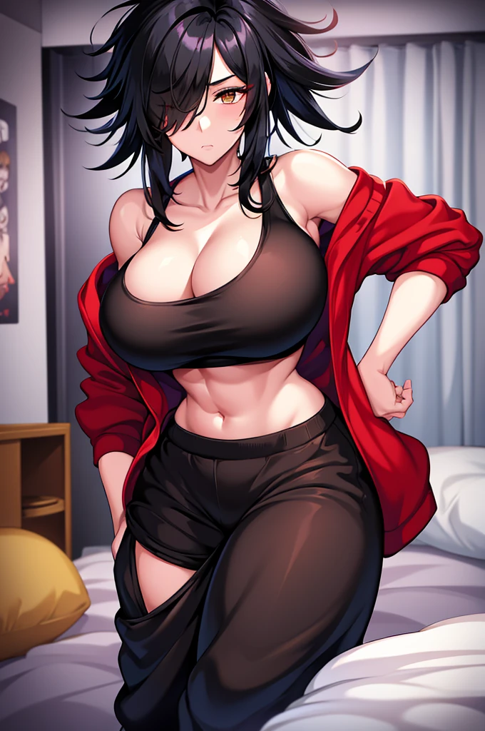 mature woman, hair over one eye, golden eyes, Tomboy, sweatpants, looking at viewer, shoulder-length black hair, off shoulder, bedroom, hand on hip, messy hair, standing, red jacket, black tank top, solo