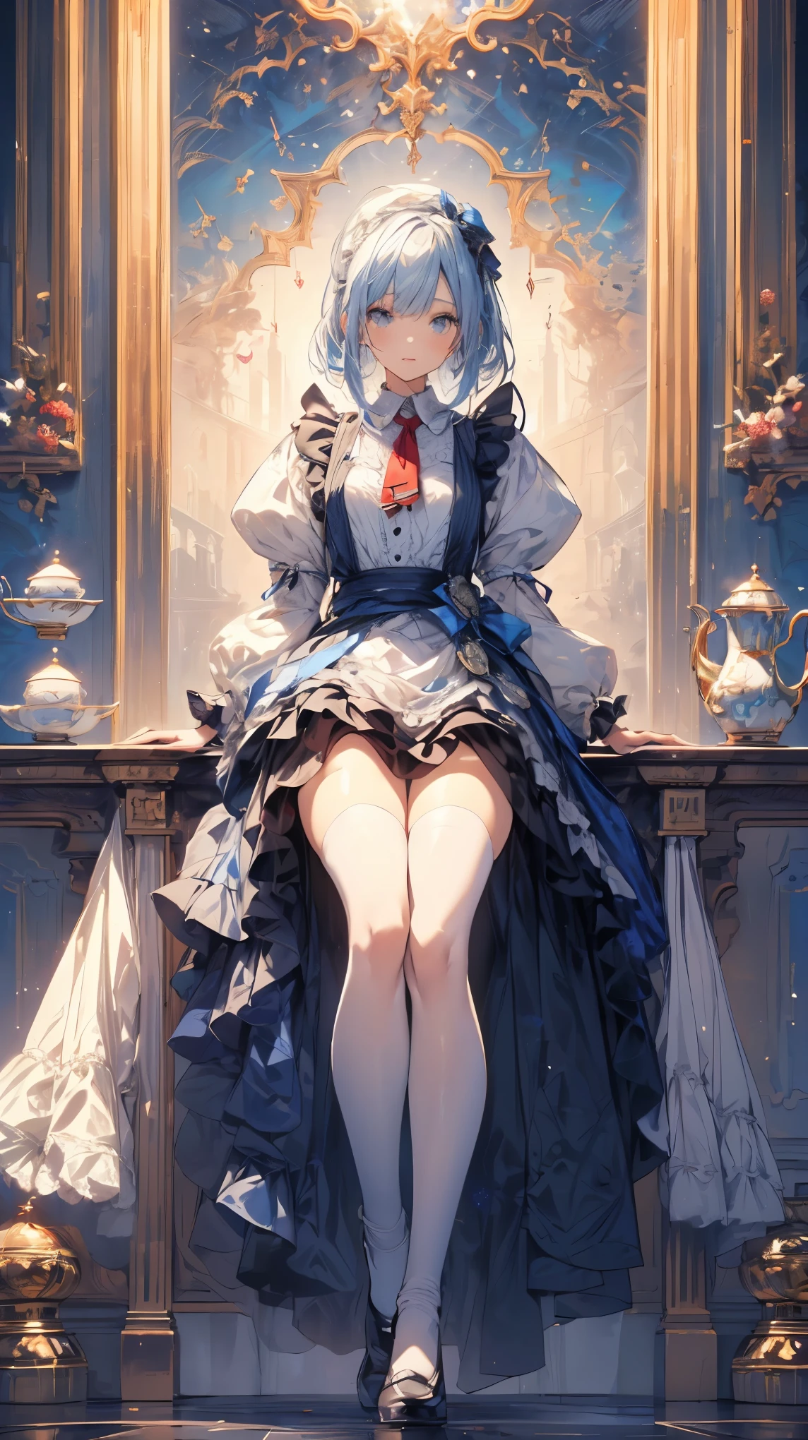 (high quality, mystery, Beautiful and generous, Ideal body proportions, Impressionism), (Ultra-high resolution, 8K Original Photo, Photorealism, Natural Lighting, Textile Shading), (1. A:1.3, Solitary:1.5, :1.1), (Fractal Pattern Art:1.2), Smooth skin, Tile pattern, ((Alice in Wonderland:1.2, Girl floating in the air:1.5, Smile with half-closed eyes)), ((Flying cards, trump card, Floating teacups, Floating teapot, Pocket Watch:1.3, Large mirror, Lipstick)), Cute anime white rabbit, ((Dark blue dress :1.5, mini skirt, White apron, White socks)), (Platinum gold, Tie your hair with a ribbon), (blue eyes, Bright students and highlights, Delicate eyes), (Supine:1.2, Lean Back:1.2, Leg lift:1.3), ((Hook of Holland:1.5, whole body:1.3, From below)), Different tone wallpaper, Color images, Simple background, excellent, fantasy:1.5, ((Correct anatomy:1.5, The right hand))