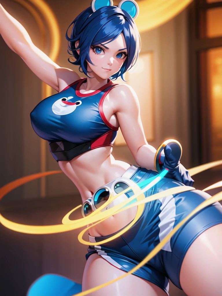 (at night), in a video game scene, a background of a beautiful city during the day raining, standing at attention, semi-short blue hair, blouse with an anime frog face, white flared pants, wearing blue fingerless exercise gloves, has round goggles on her head, huge belt with a round eyeglass, ((blue hair)), 1 girl, alone, 20 years old, young woman, perfect hands, beautiful fingers, beautiful long legs, beautiful body, beautiful nose, beautiful design of characters, perfect face, looking at the viewer with serious gesture (focusing on his face), closed mouth, Light_Smile, official art, extremely detailed CG unity 8k wallpaper, perfect lighting, bright and colorful front lighting, glowing skin (masterpiece : 1.0), (best_quality: 1.0), ultra high resolution, 4K, ultra detailed photography, 8K, HDR, high resolution, nonsense:1.2, Kodak portra 400, film grain, background blur, bokeh:1.2, lens flare, (vibrant_color:1.2), professional photography, (beautiful_face: 1.5), (narrow waist),
