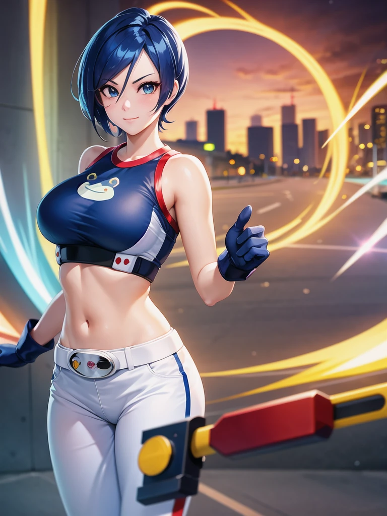 (at night), in a video game scene, a background of a beautiful city during the day raining, standing at attention, semi-short blue hair, blouse with an anime frog face, white flared pants, wearing blue fingerless exercise gloves, has round goggles on her head, huge belt with a round eyeglass, ((blue hair)), 1 girl, alone, 20 years old, young woman, perfect hands, beautiful fingers, beautiful long legs, beautiful body, beautiful nose, beautiful design of characters, perfect face, looking at the viewer with serious gesture (focusing on his face), closed mouth, Light_Smile, official art, extremely detailed CG unity 8k wallpaper, perfect lighting, bright and colorful front lighting, glowing skin (masterpiece : 1.0), (best_quality: 1.0), ultra high resolution, 4K, ultra detailed photography, 8K, HDR, high resolution, nonsense:1.2, Kodak portra 400, film grain, background blur, bokeh:1.2, lens flare, (vibrant_color:1.2), professional photography, (beautiful_face: 1.5), (narrow waist),