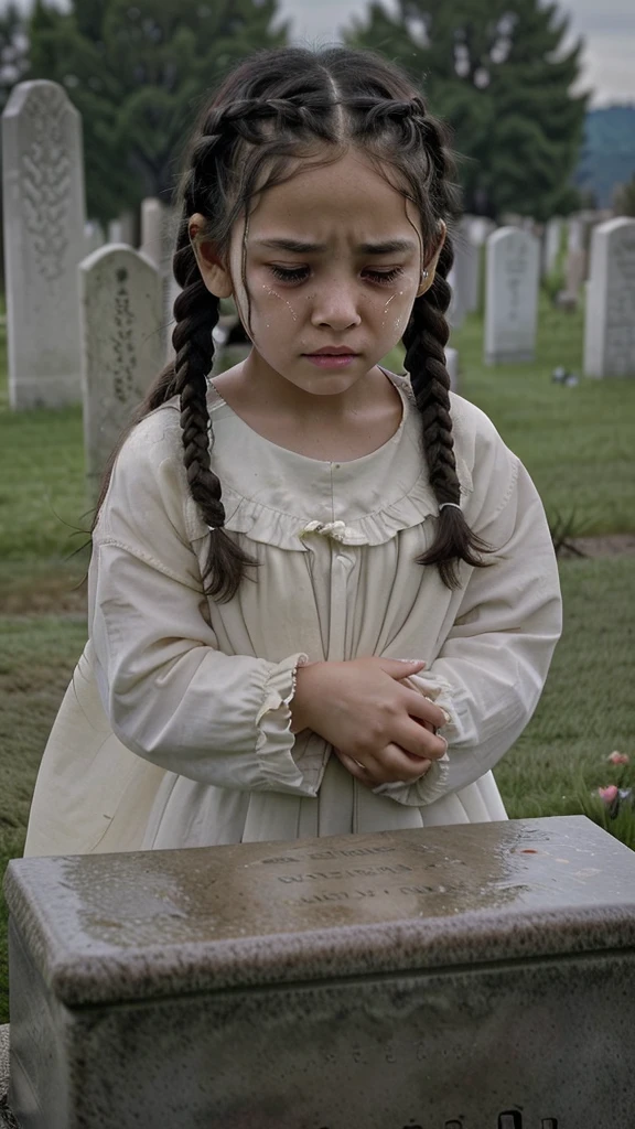 a beautiful 5 year old girl, white skin, brown eyes, black hair with braids, extremely sad and melancholic, eyes watering a lot, crying expression, crying little, 1 large tear highlighted, looking at the tombstone of an elderly deceased. low zoom image, long distance image, entire tombstone in the photo. cemetery in the background