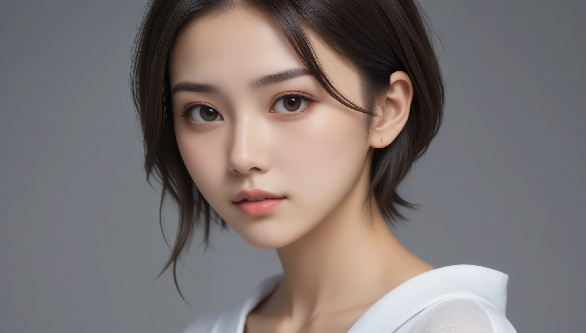 8k, Ultra-high resolution, Highest quality, masterpiece, 三分割法によるphotograph,Surreal, photograph, 1 Girl, (16 years old:1.3), pretty girl, Cute Face, Beautiful eyes in every detail, 細かくdetailedに,masterpiece,One Girl:1.2, Japan Female Announcer,extream close up,sad,streaming tears,Black short hair,Messy hair,(Nun's clothing:1.3),(印象派の美しい少女のPortraiture), (Gray background:1.3),(Impressionist light and colour),prayer,Realistic Skin, Perfect and beautiful face ,完璧でCute Face, Skin with attention to detail, Perfect limbs、Narrow waist,Looking at the audience、beauty,Long neck,clavicle,(((Ideal body type))),A cup small breasts :2,Portraiture:2,Perfect Anatomy,鮮明なdetailed,detailed,Surreal,Light and shadow,spotlight