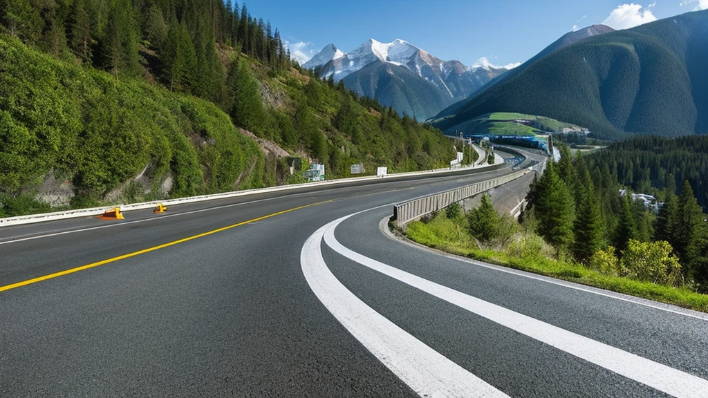 Generate a conceptual image of slope monitoring. The scene should depict a mountainside with a highway developed along the slope, with cars driving on the road. The overall style should be sleek and sophisticated, emphasizing the precision and innovation of slope monitoring and positioning technology.