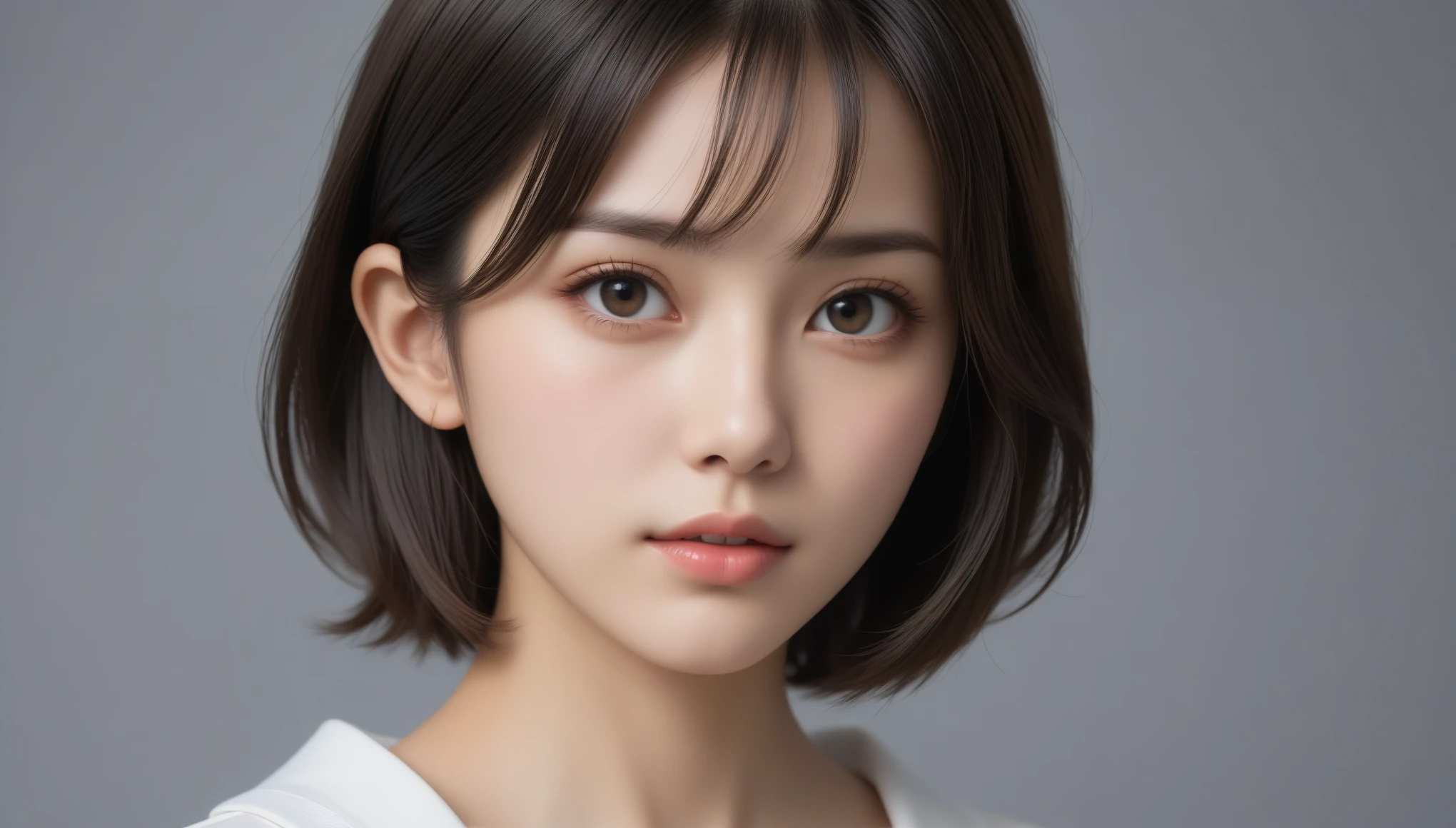 8k, Ultra-high resolution, Highest quality, masterpiece, 三分割法によるphotograph,Surreal, photograph, 1 Girl, (16 years old:1.3), pretty girl, Cute Face, Beautiful eyes in every detail, 細かくdetailedに,masterpiece,One Girl:1.2, Japan Female Announcer,extream close up,sad,streaming tears,Black short hair,Messy hair,(Nun's clothing:1.3),(印象派の美しい少女のPortraiture), (Gray background:1.3),(Impressionist light and colour),prayer,Realistic Skin, Perfect and beautiful face ,完璧でCute Face, Skin with attention to detail, Perfect limbs、Narrow waist,Looking at the audience、beauty,Long neck,clavicle,(((Ideal body type))),A cup small breasts :2,Portraiture:2,Perfect Anatomy,鮮明なdetailed,detailed,Surreal,Light and shadow,spotlight