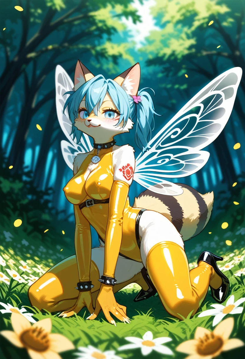 Highest quality, Highest quality, High quality illustrations, masterpiece, Ultra-high resolution, Detailed Background, bee蜜のプール, in the forest, Flower Field, Absurd, Perfect Anatomy, performance, Good lighting, Shadows in the movies(kemono, Furry PersonifiCation), Cat, bee, Honey Latex, bee蜜のローション, neon, neonカラー, cyber punk, 蜜beeの衣装, 蜜beeコスプレ, ラバーの蜜beeの尻尾, Bee Wings, enamel, bee蜜のプール, bee蜜のローションを浴びている, bee蜜のスライムを纏っている, Tattoo, bee蜜を体に塗る, High heels, Kneeling, Dynamic Angle