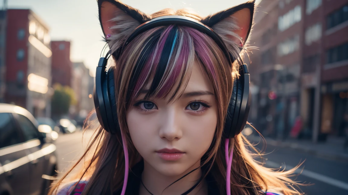 One Girl, streaked hair, cat ear headphones, Social realism, anime, cinematic lighting, UHD, best quality, high details, super detail, 16k, 8k