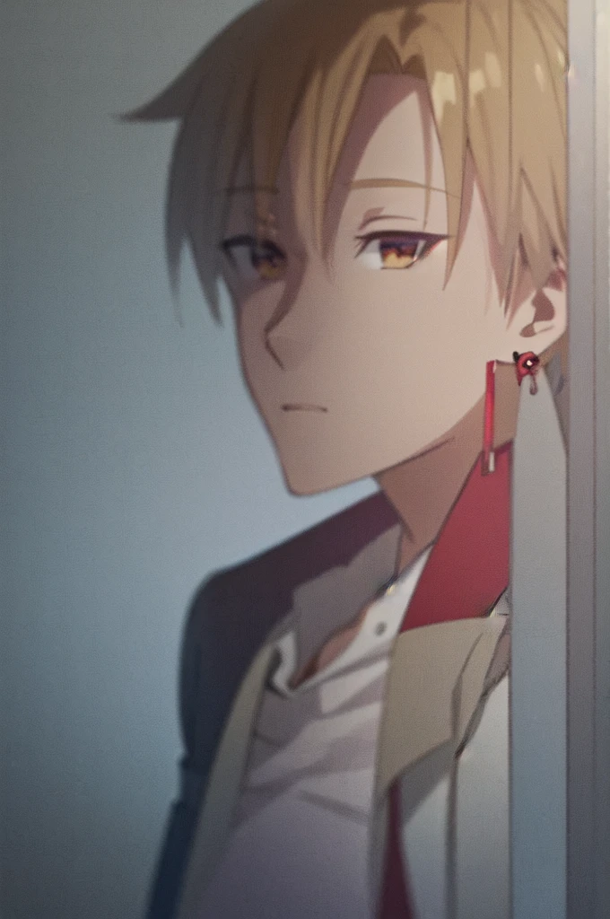 Masterpiece, best quality, 1boy, upper body, necktie, ((black earrings)), closed mouth, simple backround, blonde hair, short hair, brown eyes, from above, looking at viewer, face, red jacket