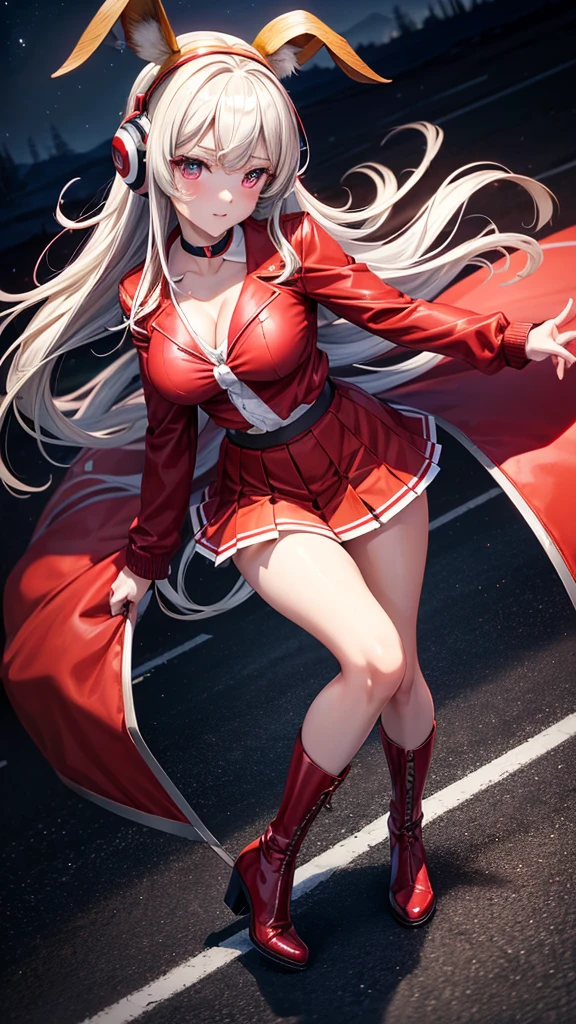 masterpiece, Best Quality,, maruzensky (Uma Musume),, red thighs, Red jacket, pleated skirt, Red skirt, long sleeves, choker, Red shirt, open jacket, white bow, open clothing, high heel boots, paved road, run, eye traces, night sky, neon, from above,, voluptuous girl in sexy clothes