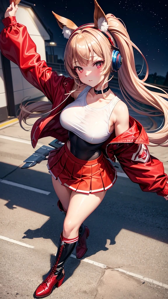 masterpiece, Best Quality,, maruzensky (Uma Musume),, red thighs, Red jacket, pleated skirt, Red skirt, long sleeves, choker, Red shirt, open jacket, white bow, open clothing, high heel boots, paved road, run, eye traces, night sky, neon, from above,, voluptuous girl in sexy clothes