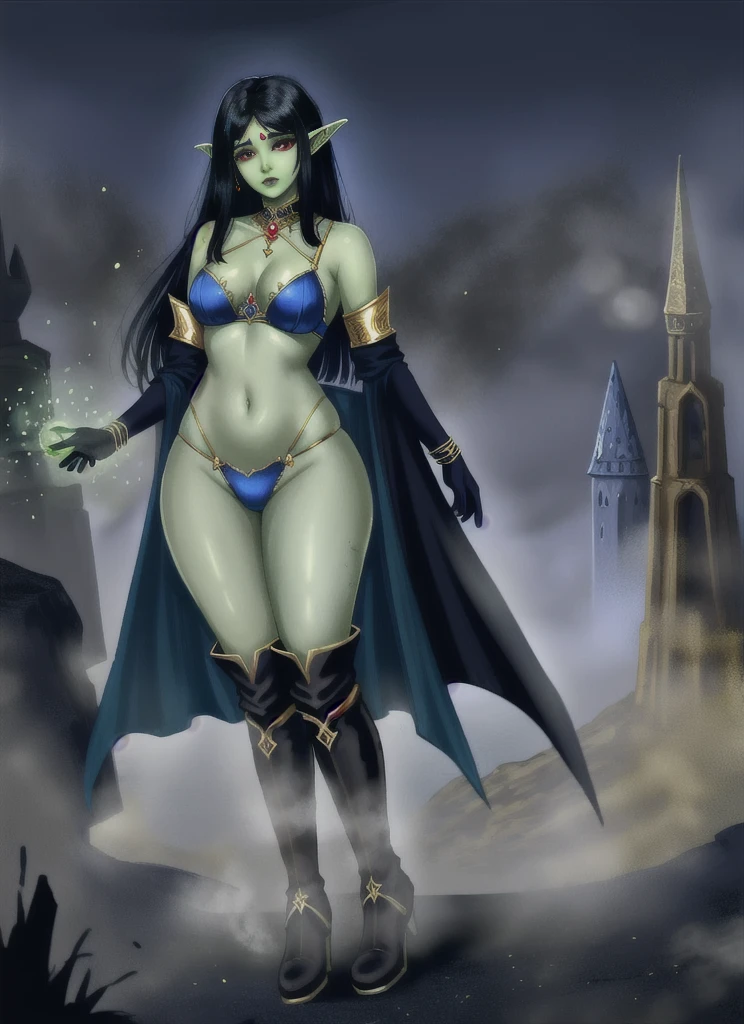 roshni swathi, score_8_up, score_7_up, cowboy shot of beautiful goblin girl, ((green skin)), red eyes, long black hair, (dressed in very hot blue and gold sorceress clothes), wearing black wizard gloves and wizard long boots, particles, dark dungeon, particles, night, fog fantasy, full body art